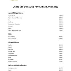 CARTE DES BOISSONS DRANKENKAART 2023